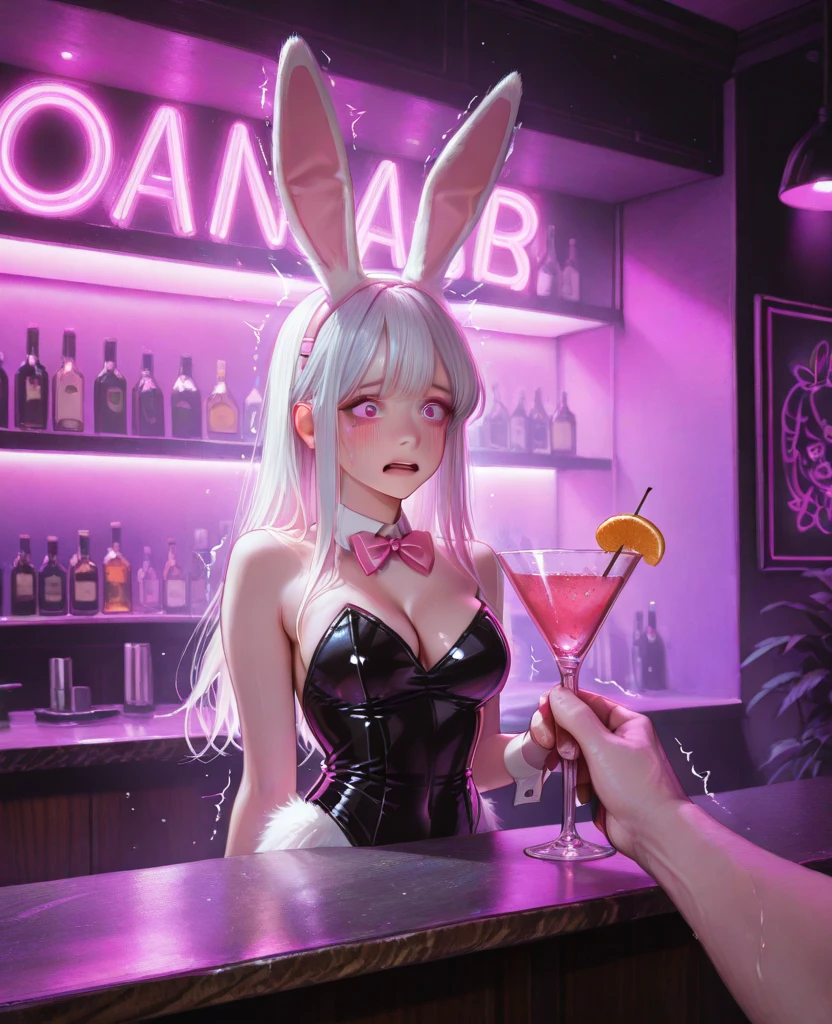 (8K, masutepiece, Best Quality, Official art, Breathtaking beauty and aesthetics, A highly Beautiful detailed, beautiful lighting, The best masterpiece in history that exceeds limits:1.2), (1 Girl, 独奏), (16 years old), (Beautiful detailed face), (shiny white skin), (Beautiful big bust, cleavage:1.3), (thighs, zettai_ryouiki, thigh_gap, black fishnet pantyhose, garter straps, garter stockings:1.2), (Beautiful detailed pastel pink twin tails hair, bangs:1.3), (beautiful detailed drooping pink eyes:1.5), (Beautiful detailed cute pastel pink playboy bunny costume, See-through intricate lace, pink bow ribbon, rabbit ears, cute rabbit tail:1.3), (happy smile:1.2), (Attractive, sensational, Look at the camera, cute pose, looking back), breathtaking scenery, (ultra detailed realistic beautiful white bar counter, Liquor, Cocktail glass, wine:1.2),