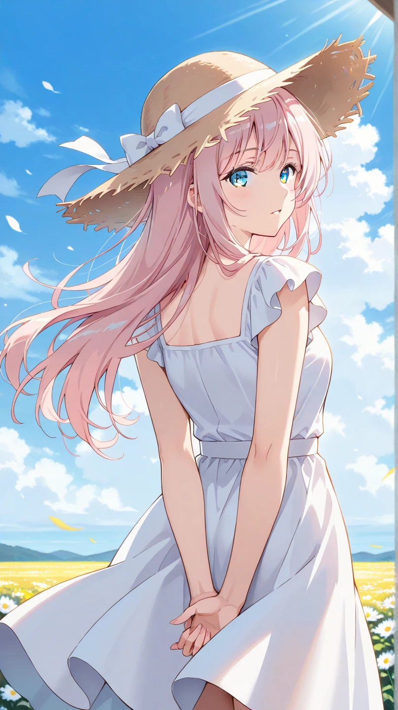 (muste piece), (best quality), (score_9, score_8_up, score_7_up), very detailed eyes, expressive eyes, perfect face, very detailed face, highly detailed face, beautiful girl, 8K, beautiful girl, white background, delicate and beautiful face and eyes, dark intense shadow,
1 girl, vtuber style, cool girl, hololive, Minato Aqua, streaked hair, white sundress, sleeveless dress, suspender dress, dress bow, big chest, clavicle, one hand on head, one eye close winking, smile, ass visible through thighs, (full body), straw hat, naked thighs, sandals, standing, holding clothes, wind blowing, from below,