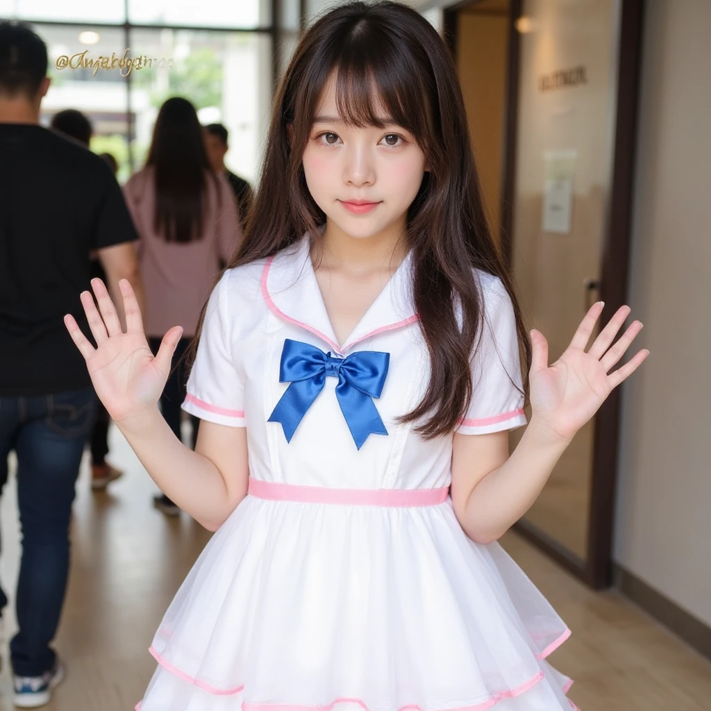 (Mastepiece、highest quality、High resolution)、1girl、Late teens、Realistic Skin、 Price Ready-made、Wearing a blue dress、A sparkle in your eyes、Quiet Smile、Dynamic lighting、