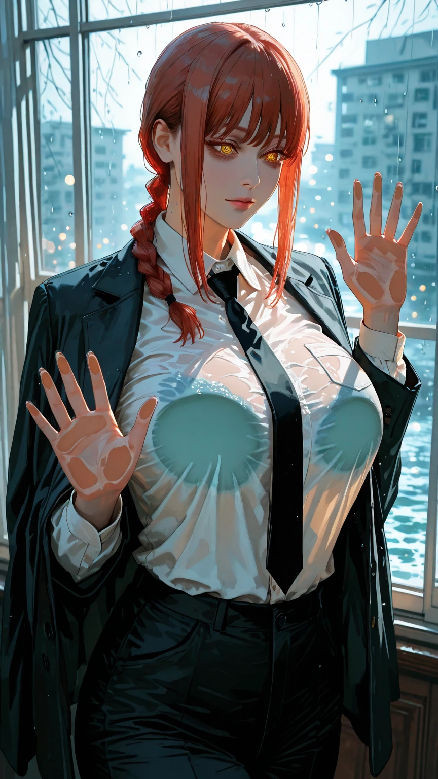 {8k image}, 1beautiful woman, 40 years old (milf), amber eyes, busty, heavy upper lips and pointed nose, neckline,white shirt,looking angrily at the spectator, {centered image}, the camera, looking directly at the camera, manhwa art style, vivid colors,