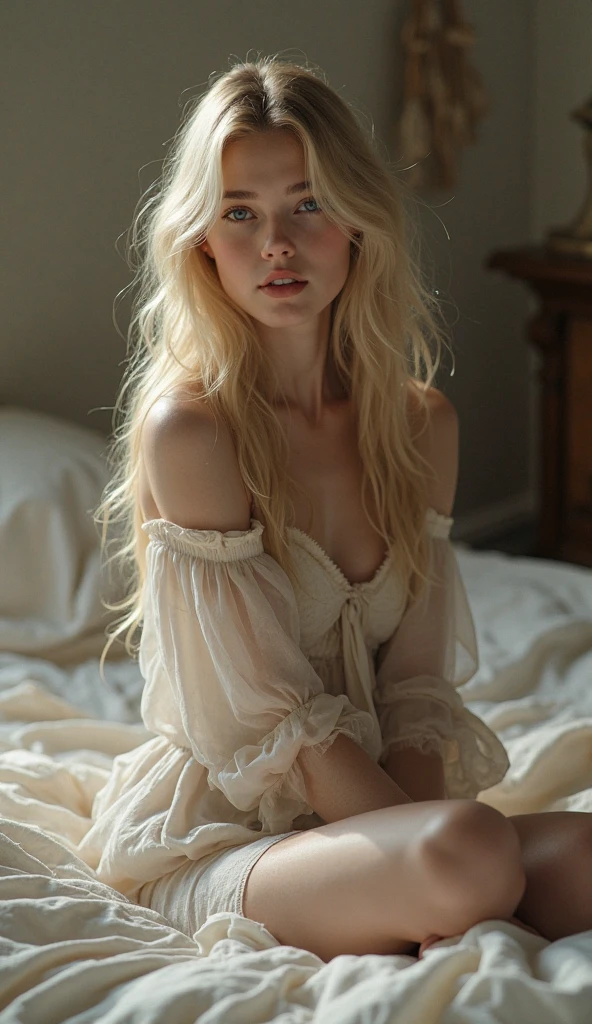 Hard NSFW, ((dark fantasy)), ((wavy hair, pale skin, long light blond hair),((light blue eyes)), freckles, on knees, warm light,( 16 years old),,Naked,busty,Glamour,Gorgeous,monochromes,erotic posing,Dynamic Posing,Arrange Pose,Dramatic,Cinematic,Detailed background, Dynamic Angle,From the angle of the film,Gothic background, Dark fantastic view,Best Quality,masutepiece,8K,The ultimate detailed dark background, Top image quality、RAW photography、超A high resolution，cropped shoulders, overall look is very erotic、Shot for one person only, model shoot, Large round chest, Beautiful Eyes of Details、Very slender eyes、Beautiful eyelashes、Very slim physique, with blush cheeks, black bra and panties