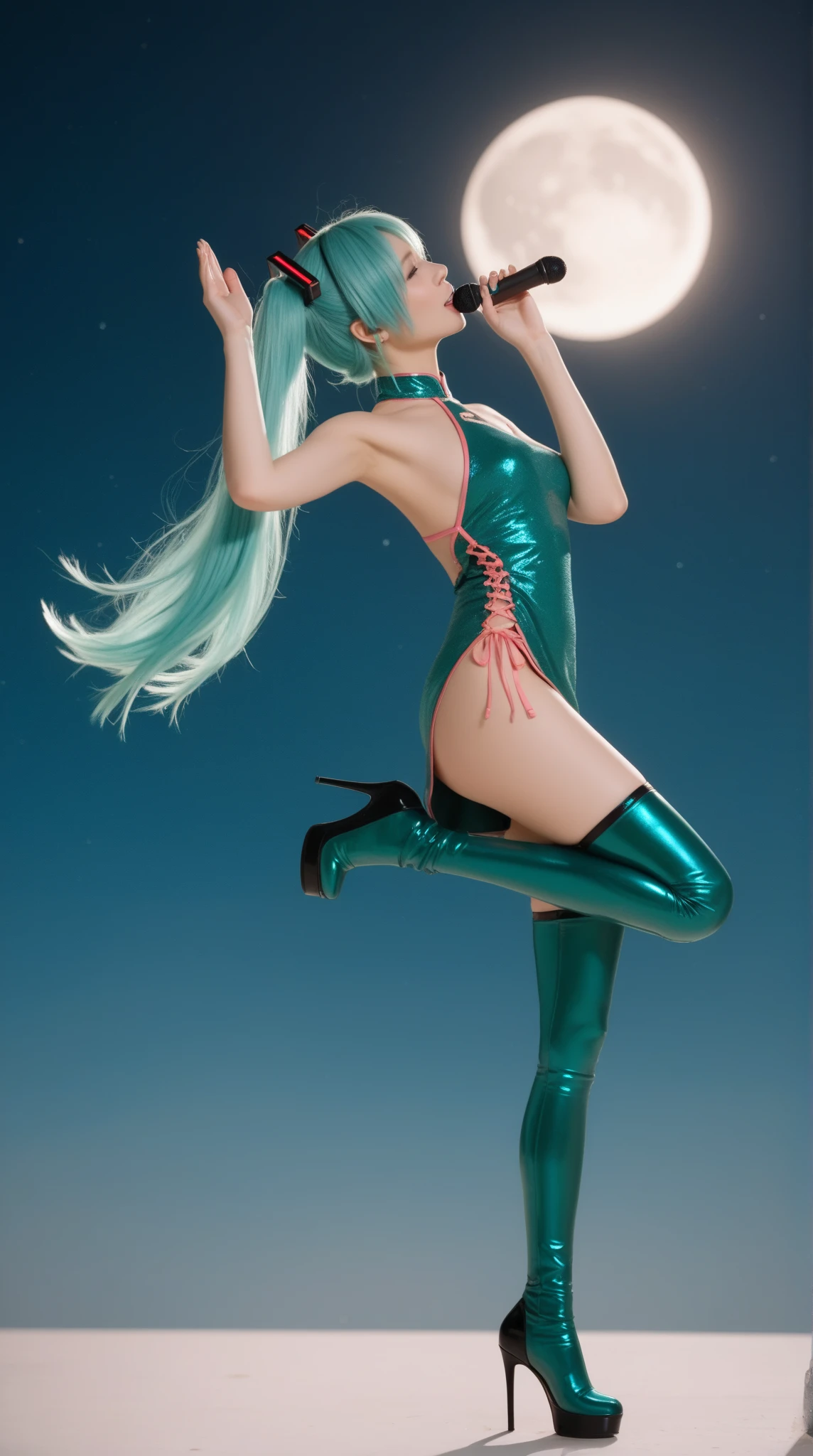 Cute girl, slender girl, moon beams, wewring pink mettalic cyber tight-skin costume. green eyes. Yellow short beak. ((Is a girl with long teal mix blue hair and pink oyster diamond covered hairclips in her hair))(( full body)