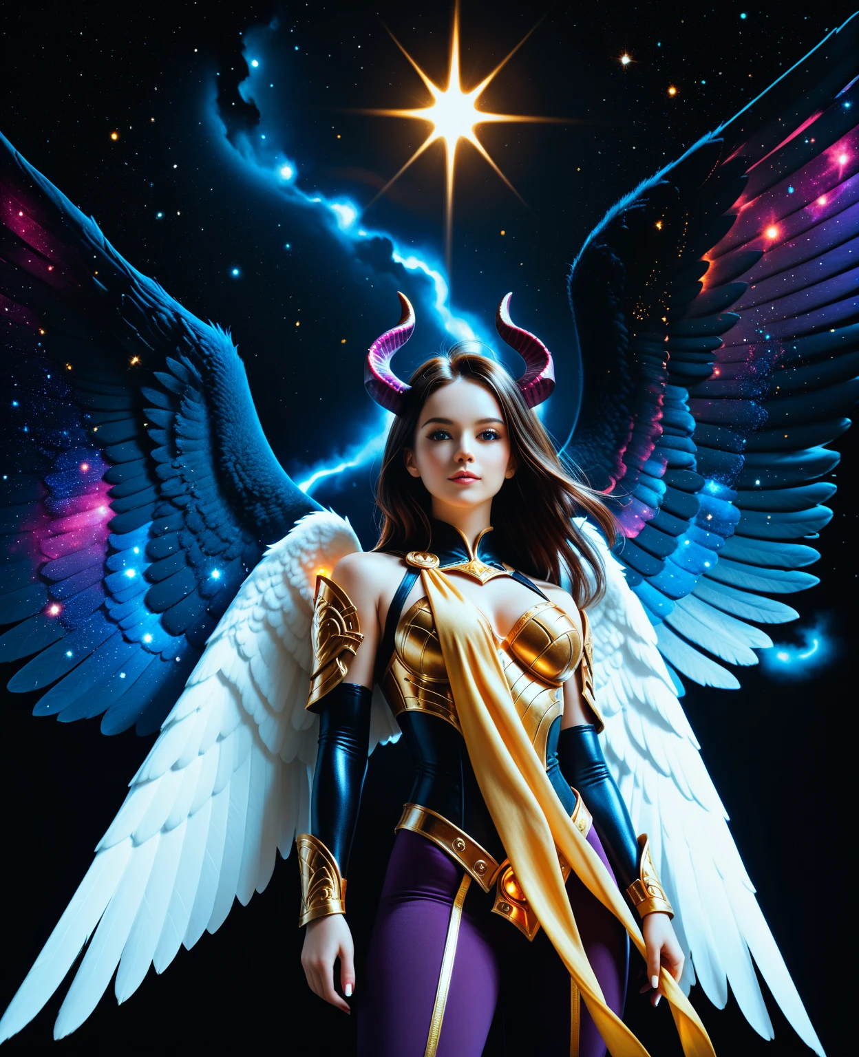 (Masterpiece), (Best Quality: 1.4), absurdities, [:intricate details:0.2],witch, angel wings, milky way, sky, bright aura, intense focus, crackling energy, mysterious symbols, bright specks,Paticulas,many details