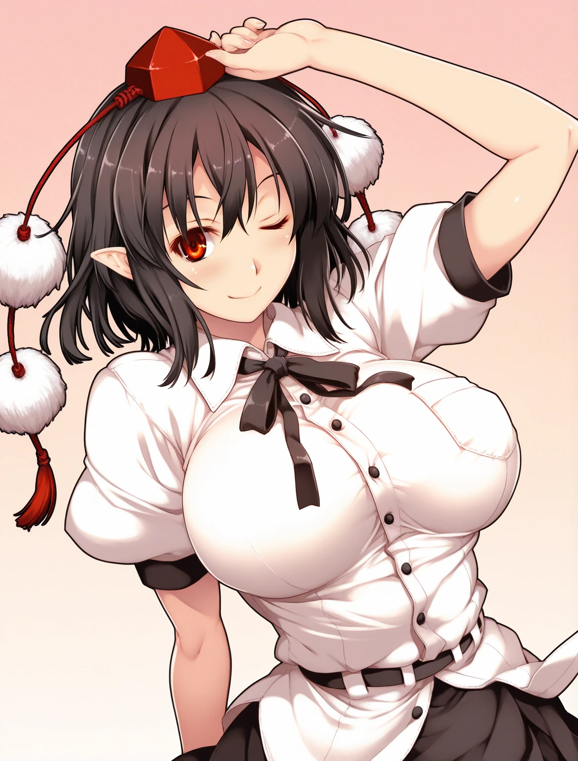 best quality, high resolution, forest, (huge breasts:1.3), cowboy shot, irohams, maid, maid headdress,black leotard, pelvic curtain, thighhighs, choker, blush, embarrassed, smile, from above