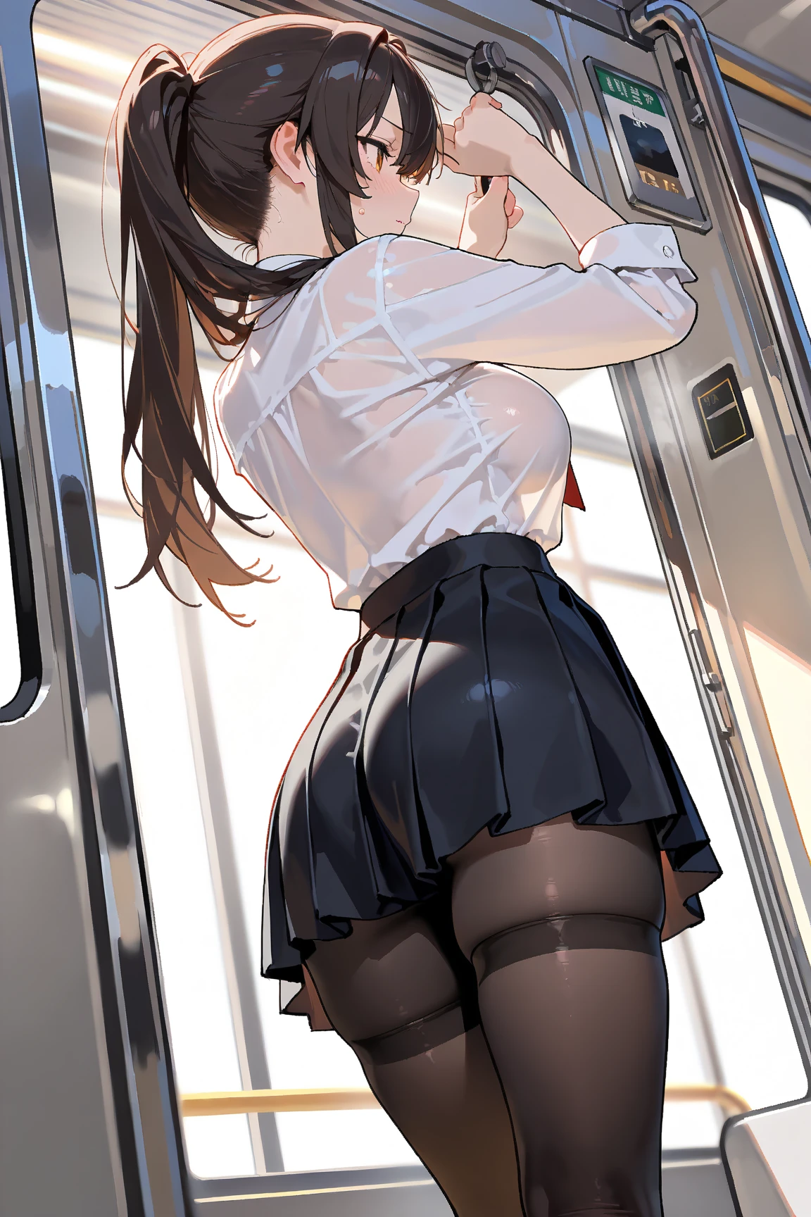 (masutepiece), hi-school girl, Sexy, posterior, Floral lace underwear, Natural light, Photorealistic, Cameltoe, diffuse glow, depth of fields, skirt by the, steam, (Lift skirt), Lifelike、Inside the hotel