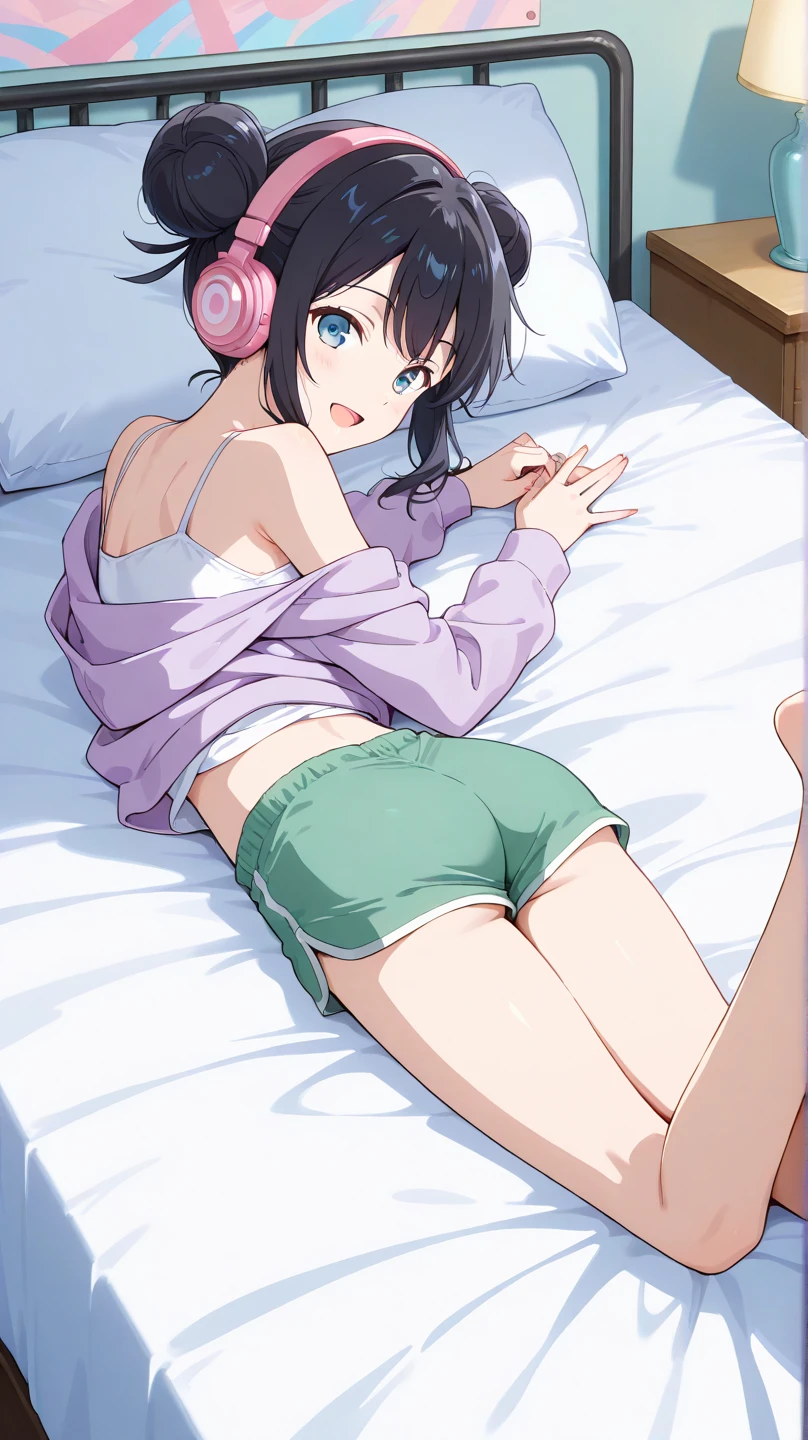 shinkai makoto, kimi no na wa., 1girl, bangs, black hair, blush, brown eyes, idol, idol clothes, collarbone, red headband, red ribbon, pink bikini, pink skirt, short skirt, black thighhighs, medium breasts, short hair, smile, cute, embarassing, solo, open mouth, Off-the-shoulders, indoors, bed, bedroom, lying, relaxing, pillow, blanket, cushion, indoors, on bed, on side, barefoot