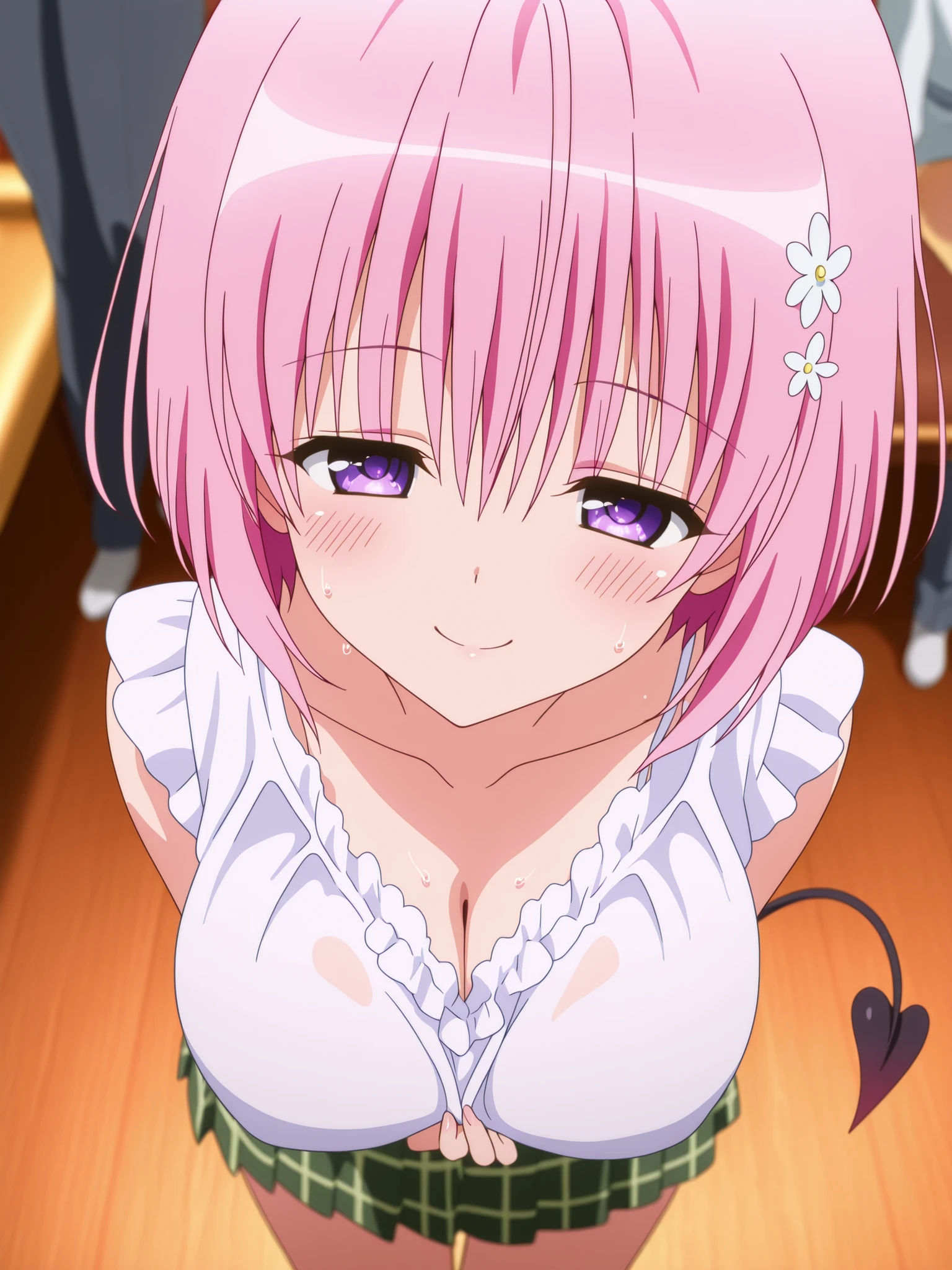 Close-up shots of sexy parts. Glamorous skin, Delicate, Wet skin feel, Busty elements, Sweat drops, Very delicate depiction of hair, Large breasts, Dynamic poses. Breasts, (masterpiece, top quality), very beautiful, Absurd, highly detailed CG unity 8K wallpaper, Spanish illustration, (glamorous look), anime style 4k,, anime moe art style, anime art wallpaper 4K, high quality anime art style,CUTE ANIME GIRL, depth of field, perfect hands, nice, familiar with digital animation art, anime art wallpaper 8k,,, 5_ others, 4_ others, 1_ parents also viewed, Face in love, blush, half closed eyes,   



モモ・ベリア・デビルーク (ToLOVEる ダークネス)
Prompt:
Momo lounges on a cushioned bench in a starlit observatory, her busty physique draped in a sheer silver top and her green checkered skirt, partially unzipped to reveal her hips. Her pink bob-cut hair is adorned with star-shaped clips, glowing faintly, and her devil tail curls playfully around her ankle. Her massive breasts heave against the top, captured in a close-up shot that emphasizes their glossy curves. She lies on her side, one hand tracing her sexy thighs, their creamy texture glistening. Her purple eyes sparkle with dreamy arousal, her smile coy and inviting. The low-angle perspective from her hips upward highlights her celestial yet voluptuous form, with telescopes and constellations in the background.

