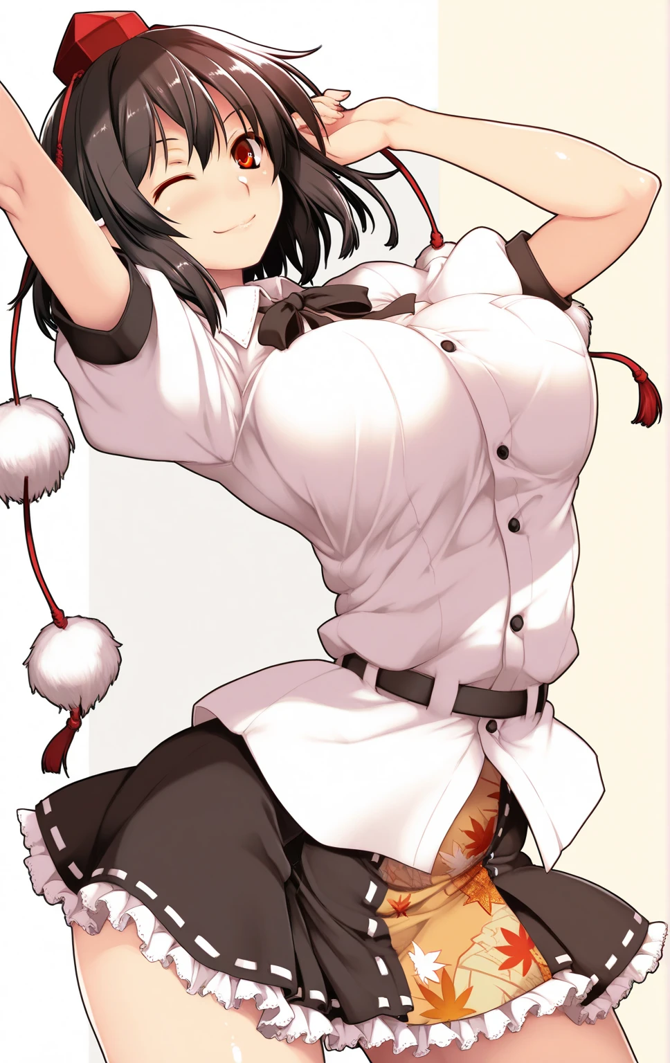 NSFW, masterpiece, standing insanely hot (woman 1) using sexy ((bunny suit)), (((cute pose)), (thin thigths), (fear expression), blushed face, red eyes, black hair, very small boobs, hair tied with a red ribon, ((((no bangs))))