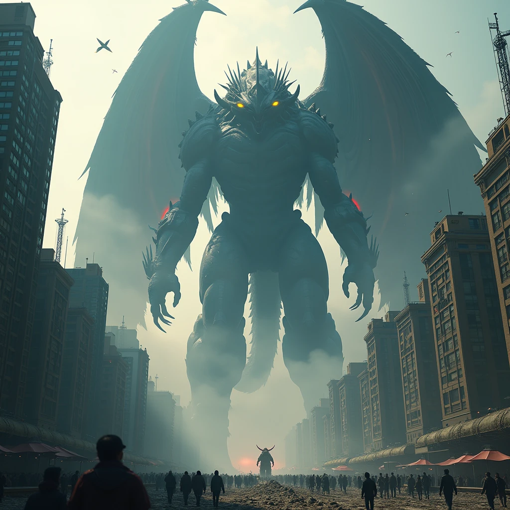 Scene**: Coconutcat's father arrives on Earth, causing destruction in a city.
- *Coconutcat's Father*: Smashing buildings with its large spiked limbs, red eyes glowing fiercely.
- *City*: Skyscrapers crumbling, cars overturned, people fleeing in terror.