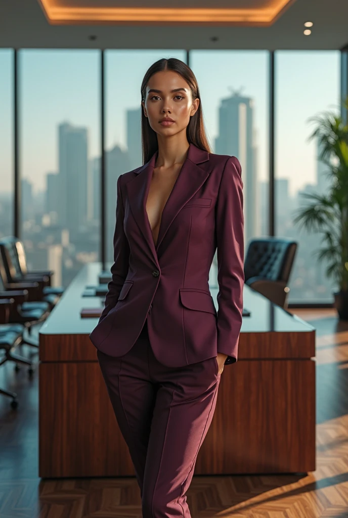 (best quality,4k,8k,highres,masterpiece:1.2),ultra-detailed,(realistic,photorealistic,photo-realistic:1.37),female CEO,red velvet blazer,short fit black pencil skirt,confident gaze,seductive smile,luxurious office,modern interior design,elegant hairstyle,well-manicured nails,high heels,immaculate makeup,expensive accessories,dominant posture,natural sunlight,city skyline view,powerful aura,vibrant red colors,sleek architecture,sharp focus on details,professional ambiance,successful businesswoman,sophisticated elegance,commanding presence,crafted wooden desk,leather chair,impressive artwork hanging on the wall,impeccable fashion sense,meticulously arranged files,steel and glass structure,reflection on glossy surfaces,gleaming silver accents,subtle shadow play,graceful movements,confidently walking,aura of mystery,empowered woman,limitless potential,breathtaking confidence,inspiring success,worldly achievement,unyielding determination,luxury lifestyle,entrepreneurial spirit,extraordinary vision, ((intricate detail)), super finely detailed hands, ultra finely detailed fingers(((ten fingers))), (standing still with confidently), (full body showcase), (show full body), (no logos on background), (no logo), ((plain background)), ((plain background)), (((empty background))).