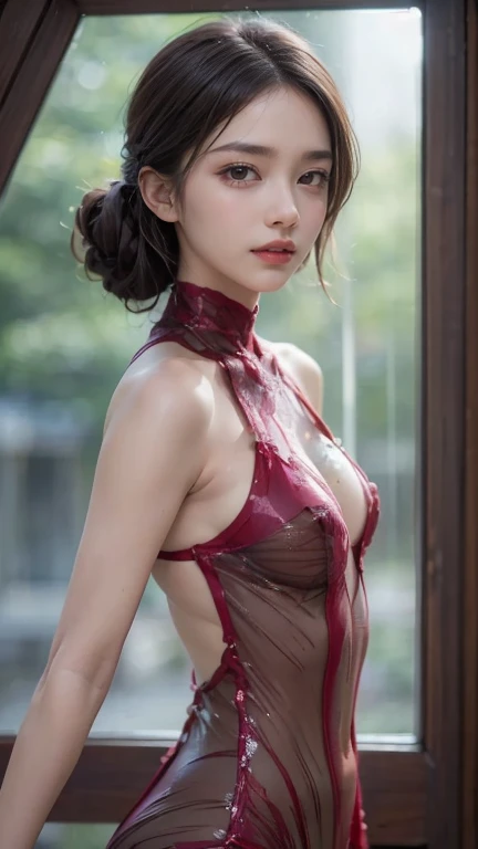 masterpiece、Highest quality、Photorealistic、young woman、red bondage suit、high heelodel-like pose、Very delicate and beautiful、Ultra-high resolution、(Photorealistic:1.4)、loot at the viewer、Black Background