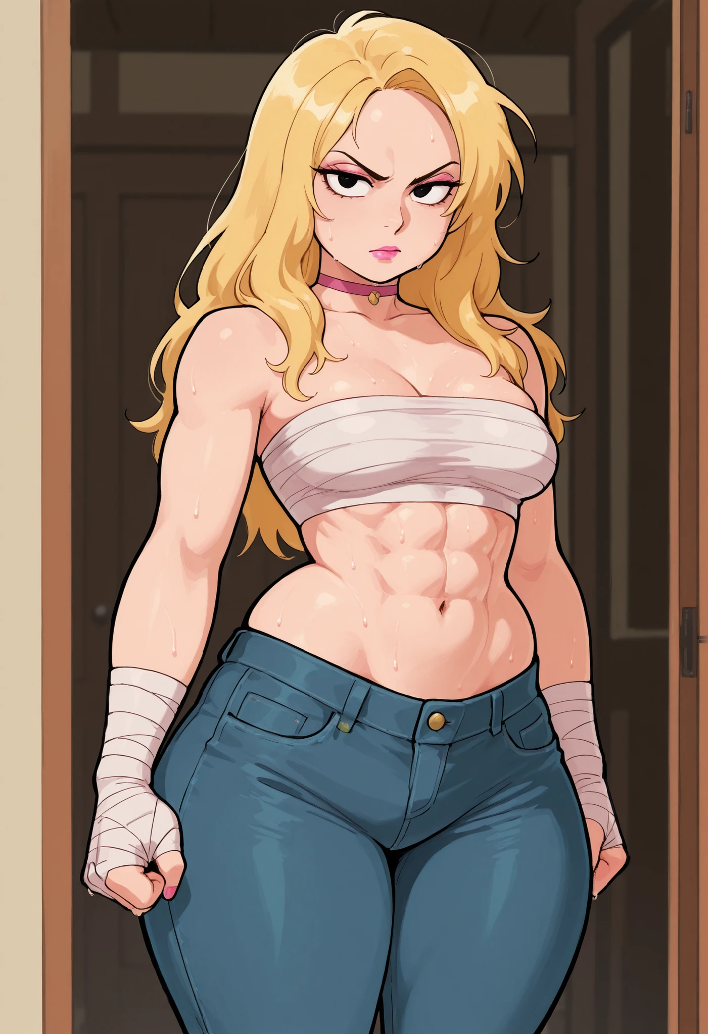 Francine Smith, looking at viewer, pink lipstick, choker, Blonde hair, medium breasts, huge hips. long hair. black eyes. | masterpiece, best quality, absurdres, sarashi, midriff, bandaged hand, serious face, sweaty, abs, denim pants, looking at viewer, clenched hand,