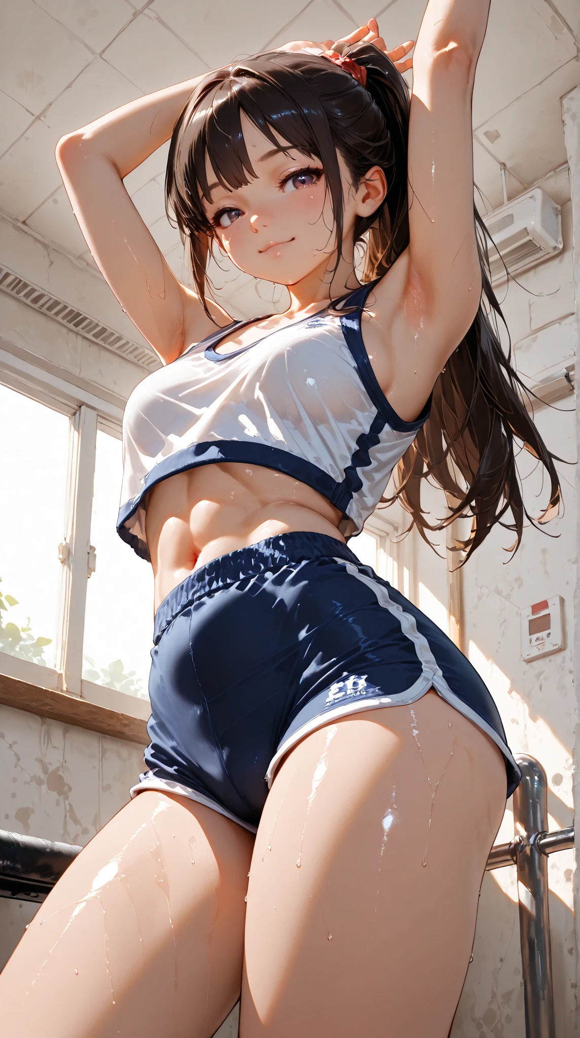 Japanese-style house,on the futon, (Sexy sports outfits), play sports often, 美しく詳細な顔カラフルなヨガマットに座っている白い下着を着たアラフィフの日本people女性, 日本people女性1people, realistic young gravure idol, Yoshitomo Nara, Young beautiful gravure idol, Chiho, 8K)), young sensual gravure idol, Glossy skin that looks wet!!, shiny silver, Mole under left eye,Cute freckles on the cheeks,((beautiful skin)),((skin texture)),((Real Touch)),healthy, Ruddy, facing forward,forward bending posture,spread legs,Hair tied up with a rubber band,looking at camera,