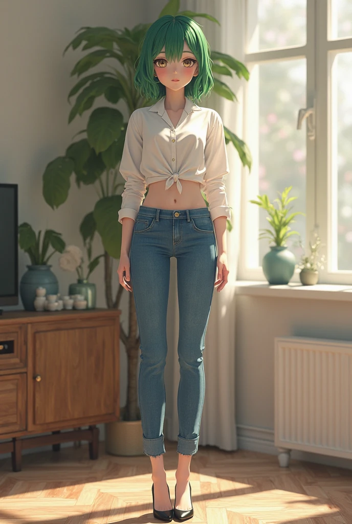 (masterpiece, best quality), highly detailed, highres, 1girl, short black hair, black shirt, short sleeves, turtleneck, skinny pants, white pants, bare feet, standing, living room, blurry foreground