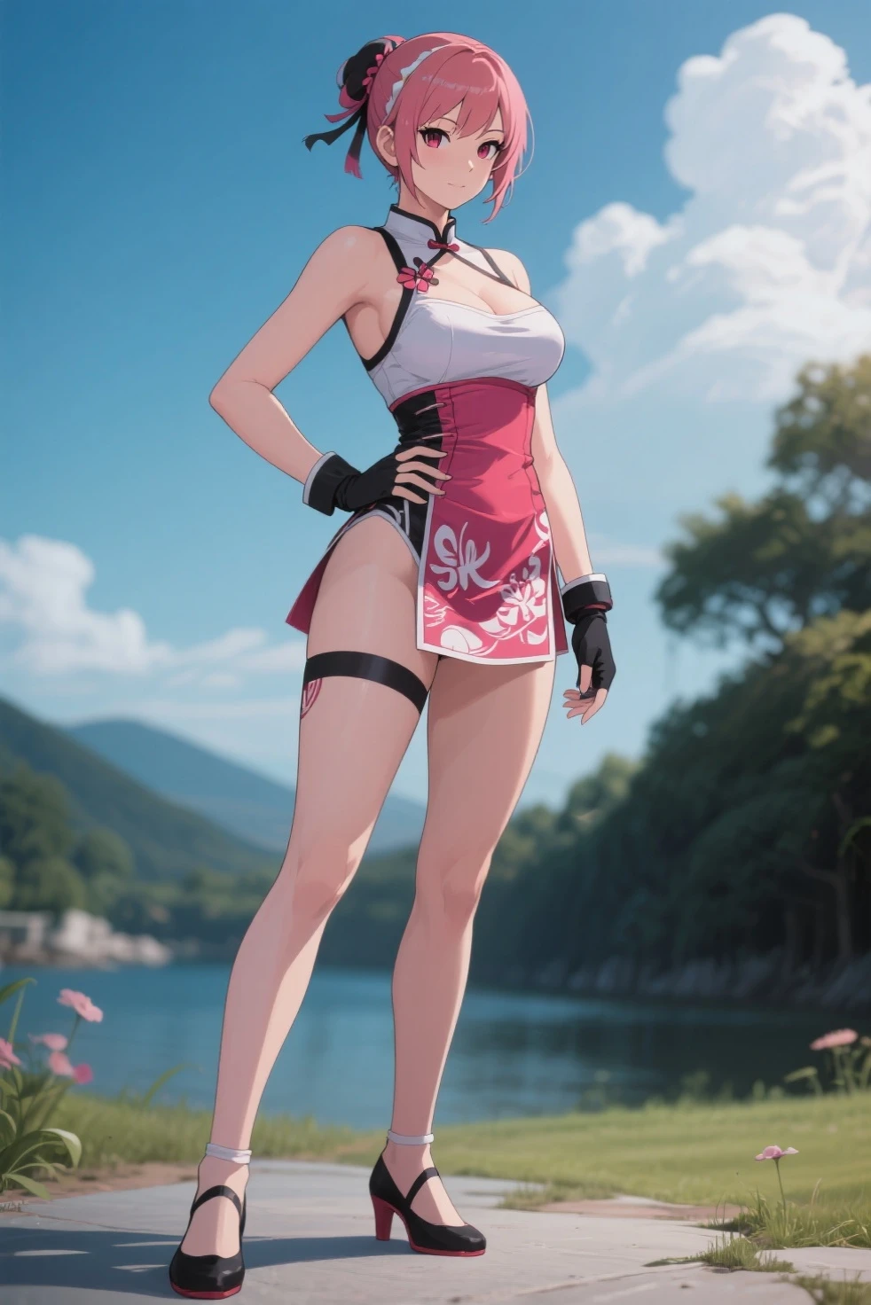 <lora:Shiranui_Mai:0.7>,shiranui_mai, (1girl),(dancing), bare shoulders, pelvic curtain, red revealing clothes,  bare arms, (high ponytail:1.2),long hair, cleavage,(red thong),(gigantic breasts:1.3), black sash,  full body, bare legs, bare feet, masterpiece, best quality,  (colorful),(delicate eyes and face), volumatic light, ray tracing, bust shot ,extremely detailed CG unity 8k wallpaper,smile,((flying petal)),(Flowery meadow) sunny,sunshine, light, fantasy, windy, magic sparks, trees, lake, mountains, ((flowers)),harano,