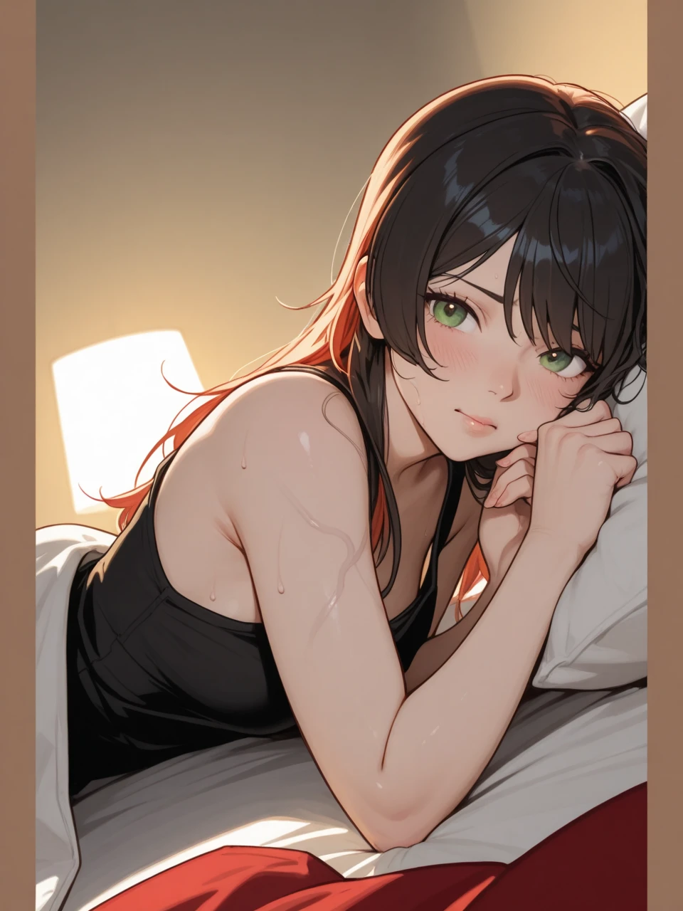 (lie on the bed, on stomach), (shy, bushful), looking at viewer, black camisole, panties, cleavage,
(masterpiece, best quality, detailed:1.3), light watercolor,
a girl, bob, center part, forehead, brown hair, Earrings,
BREAK (inside, bed room),