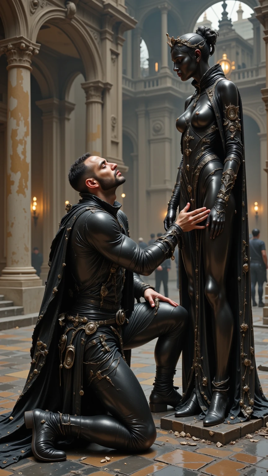 In the castle，Longing image of 1 man and 1 woman in medieval costume,Four eyes opposite，Lovingly，Sexy dress for women，The man wears armor，husband and wife，couple， black leather robes! (Being touched by men:1.5)，(Being stroked by a man's crotch:1.5)，Hugged，Kiss，Petting the，Love，Love liquid，clothes off，Background with：Medieval architecture，A plant，Intricate, fantasy photoshoot, roberto ferri and ruan jia, wearing leather assassin armor, the witcher)), wearing leather armor, fantasy leather clothing, character turnaround sheet, Front view Side view Rear view, Black and green armored samurai, Surrealist dark art, trending on artstationh, Sharp focus, Intricate details, Highly detailed, by Greg Rutkowski, Bloodborne Unreal Engine 5, Cinematic, Color grading, Portrait photography, Ultra-wide angle, Depth of field, Hyper-detailed, beautifully color-coded, insanely details, Intricate details, （nice hand），detail finger，beautifully color-graded, illusory engine, Cinematic , Color grading, editorial photography , Photography, photoshoot, Shot on 70mm lense, Depth of field, degrees of freedom, Tilt Blur, Shutter speed 1/1000, f/22