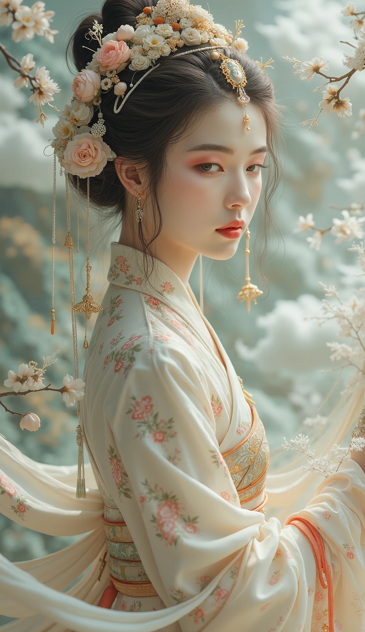 A beautiful oriental goddess、A fusion of ink painting and vivid watercolor、magnificent、Jewelry、masterpiece、