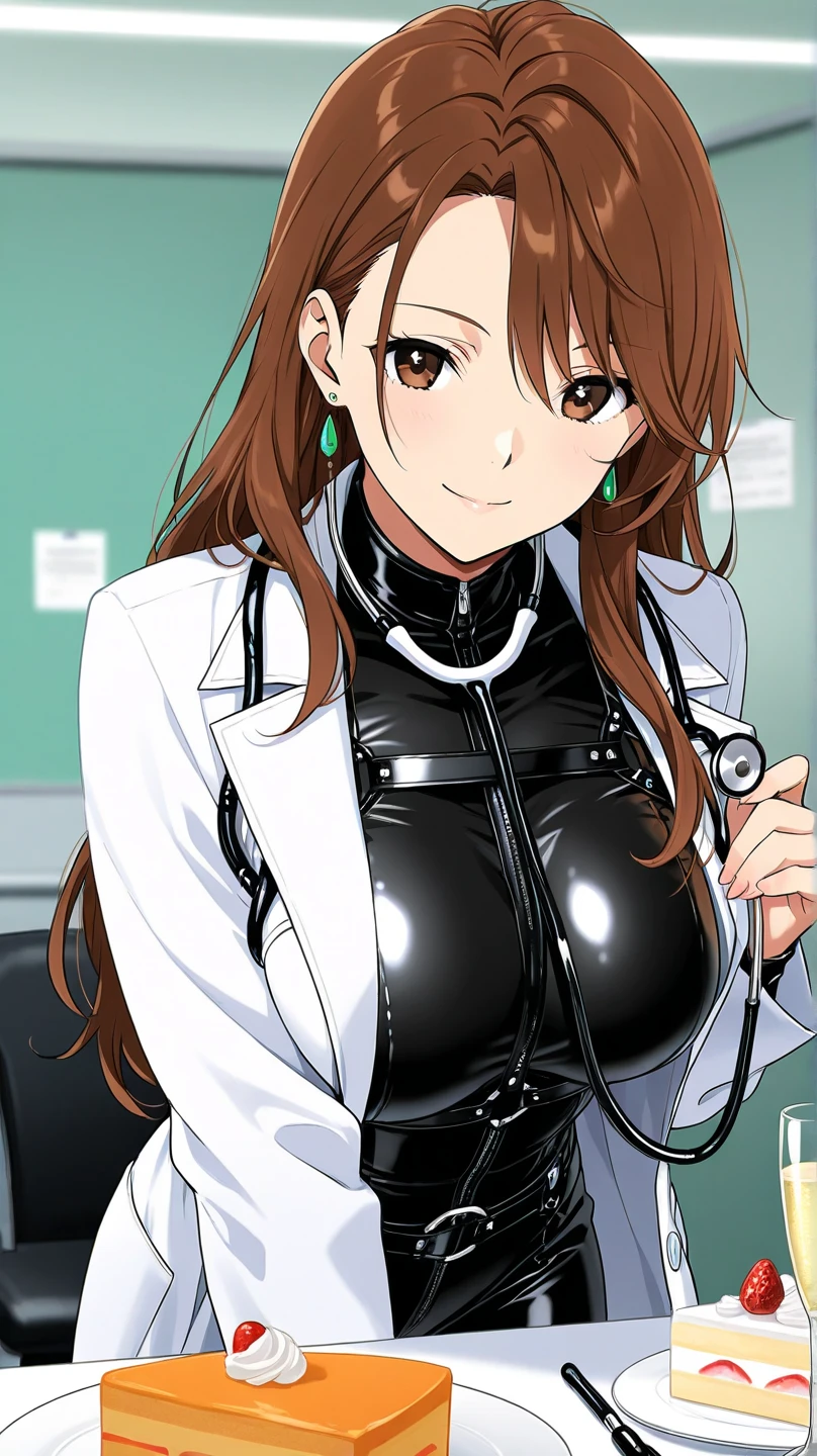 ((masterpiece, best quality, high quality)),1girl, (lower body, hospital), (doctor_uniform, labcoat, stethoscope, doctor),Large Breasts,cleavage,lipstick,Smile,lipstick,Green eyes