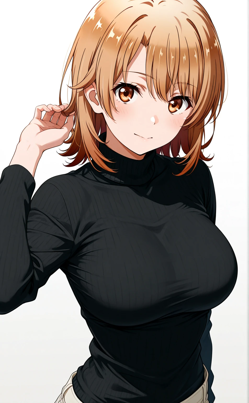 1girl, solo, flick out, orange hair, yellow eyes, short hair, looking at viewers, black t shirt v neck,  best quality, highly quality, big fore head, smiling, Masterpiece, beautiful art, professional artist, 8k, very detailed face, very detailed hair, brown pants, cleavage,   cute smile, upper body, cowboy shot, medium breast, frekles, Anime style, 