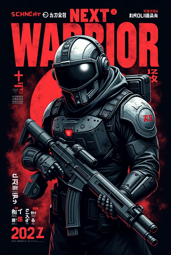 Close-up of a male soldier, half human, half machine, their faces partially obscured by military helmets. Their eyes are filled with sadness and longing. The background is a trail of blood and violence. He wears a mechanized robot armor, carved with animal elements, human skulls. The sky is filled with swirling, fiery clouds. The photo conveys a strong sense of the warrior's appearance.