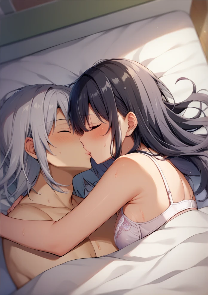 (masterpiece), best quality, ultra high res, sharp focus, ((1 man, 1 woman, couple)), different heights, upper body, medium close up, dutch angle, embraces each other closely, in the romantic bedroom, (at the night time:1.2), look at each other, smiles to each other, lying on the bed together 

[Sephiroth, male, tall, silver white hair, (long hair), (perfect muscular body, perfect masculine face:1.2), shirtless, ((perfect shape eyes, green cat eyes))]

[female, short, chestnut brown hair, (short hair), (perfect feminine face, perfect hourglass body:1.2), lingerie, ((perfect shape eyes, green eyes))]