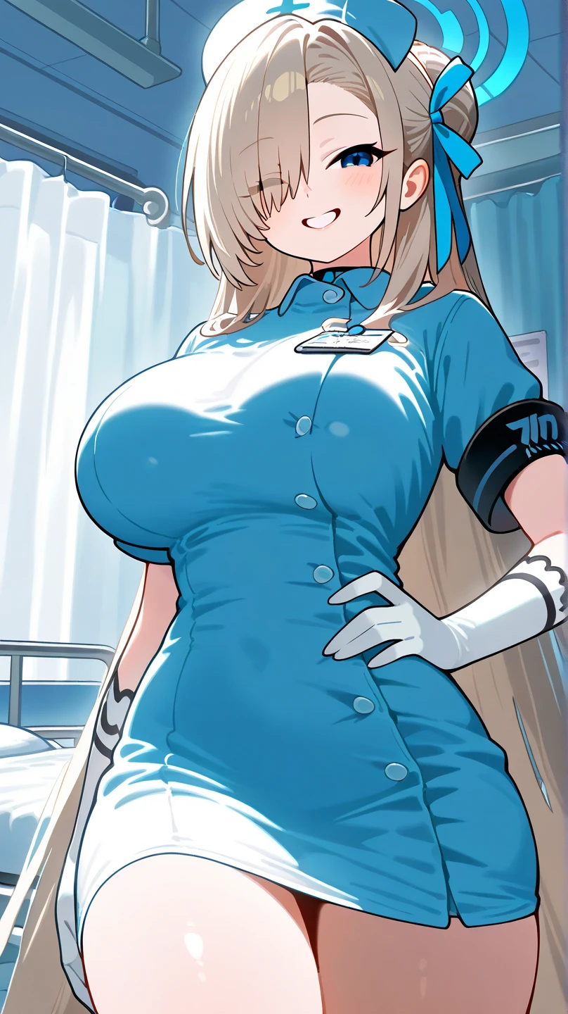 (leaning forward pose), sarielx, god rays, (white nurse outfit), (nurse hats on her head), (medical room background), anime cels style, best quality, high resolution, 1girl, (huge breasts:1.2), beautiful face, cowboy shot, heterochromia, braided ponytail, braided bangs, smiling, looking at viewer