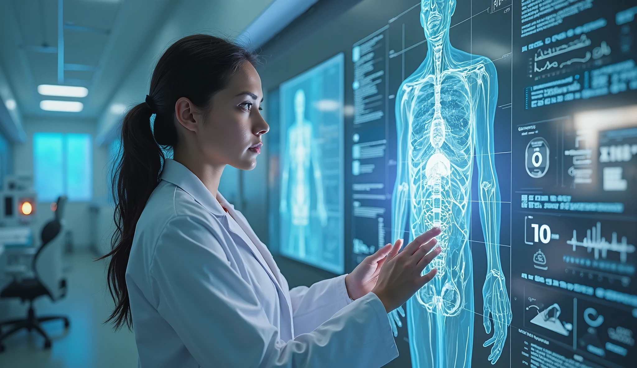 Realistic image of a tablet from which a hologram of human ??????? emerges. The nurse must wear a white uniform, modern cap and a bun as a hairstyle. 
