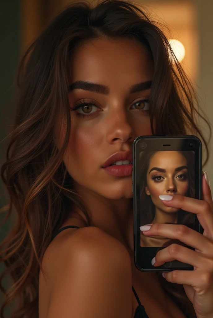 photo sexy brune naturelle et réaliste pour chauffer un homme, sexting, selfie avec portable devant le miroir, serviette blanche qui tombe et les tétons pointus