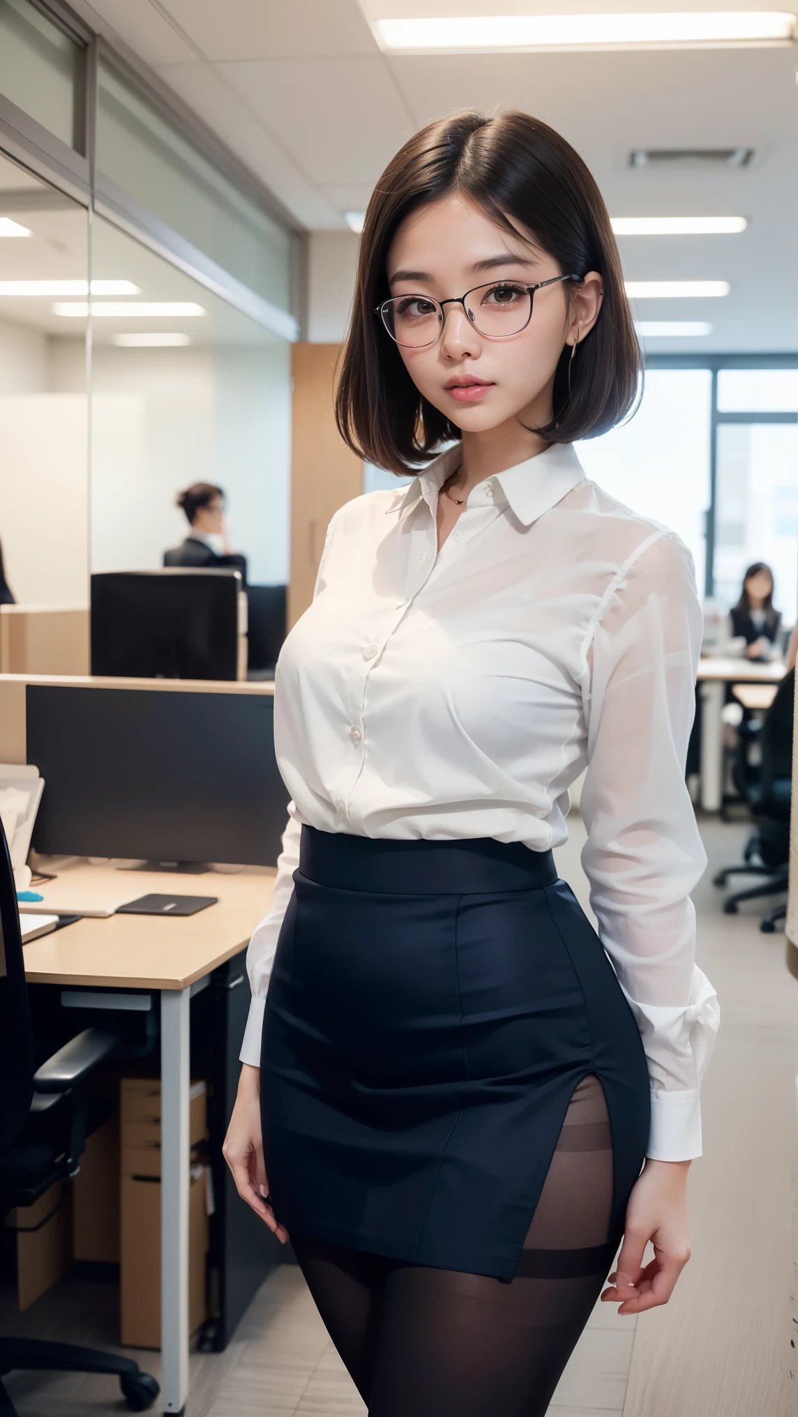 (alone、solo)、A 20-something office lady in an office uniform poses for a photo、(Black Pantyhose)、(Half Up)、victory、Tsundere、Single knot、OL、suit、Blue mall face、anger、、Glasses、Slim girl model photo、Body:The smallest middle-aged man in history、Female Model、Japanese female fashion model、(8K、RAW Photos、Highest quality、masterpiece:1.2)、(Real、Photorealistic:1.37)、Ultra high definition、Ultra high definition、Office Street、Standing position、whole body、((((SEXY)))