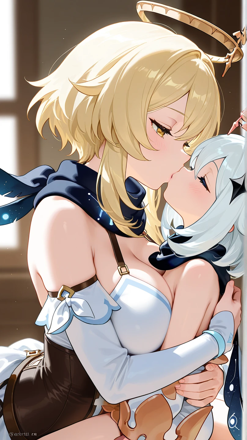2girls，Golden hair，long whitr hair，mediuml breasts，Wear only a bra，Breast collision，Light panties，Kiss