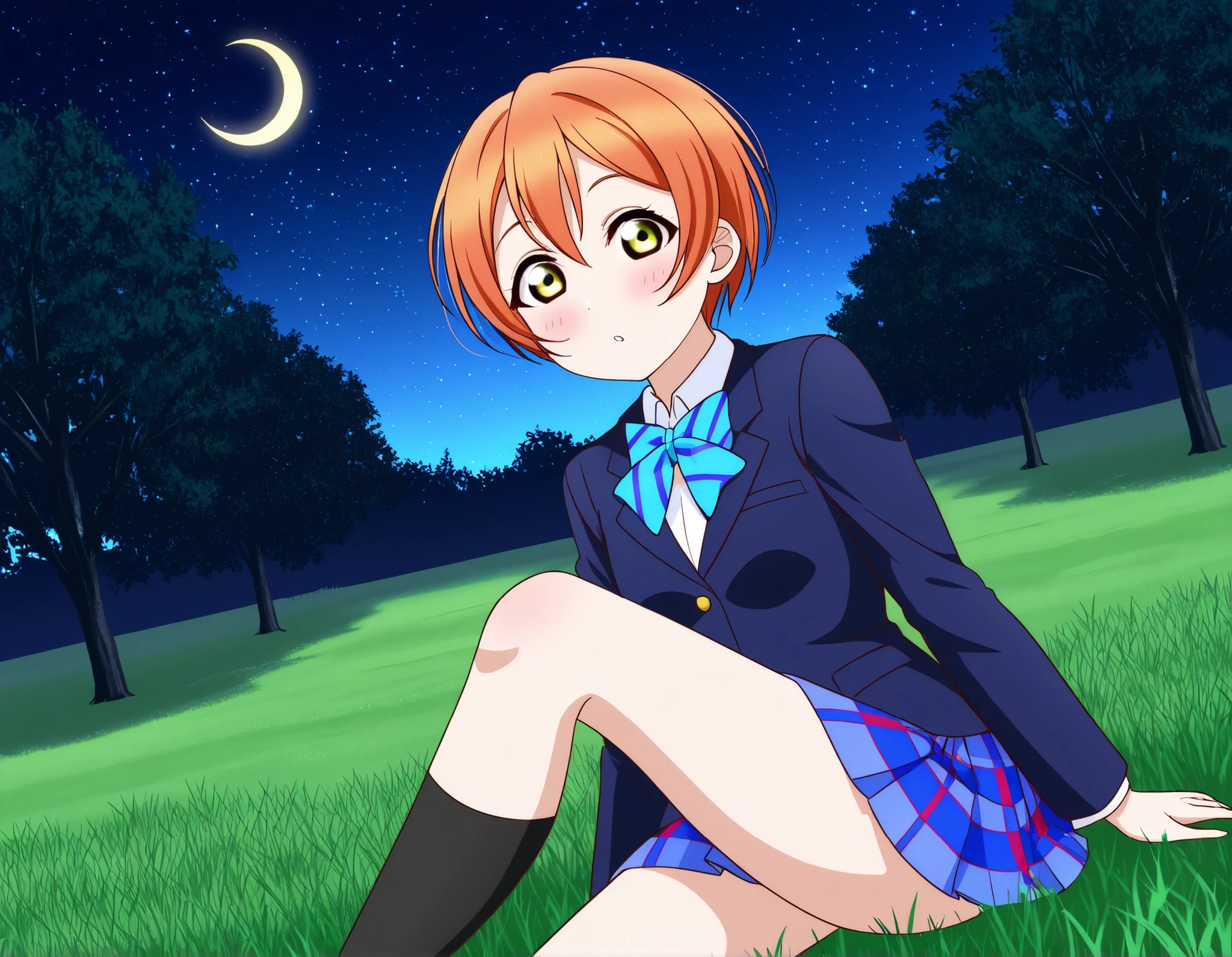 1girl, hoshizora rin, striped, short hair, blush, otonokizaka school uniform, lovelive_rin black blazer, blue plaid skirt, blue stripe bowtie, orange hair, very short hair, hair between eyes, yellow green eyes,knee up,crescent moon, stars (sky),looking at viewer,outdoors, sky,grass,tree,
