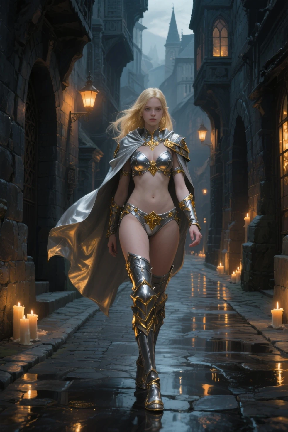 impressive realistic masterpiece, Good without bridges, beautiful and beautiful young elf with a slender and well-proportioned figure, meian and perky breasts, long and shapely legs, small waist, thin hips, toned belly, long silver-white hair, (big neon green eyes , crystal clear and shiny), cute face, small nose. , wearing golden metal plate armor force details 
very sexy intricately decorated, small revealing armor ((shiny runes cover the armor)), armored boots up to the knees, bare abdomen, lots of skin exposed, a white cape flutters behind the elves, arcane rays. Energy swirls around her, her hands glowing as she prepares to cast a powerful spell, lightning passes through and around her.