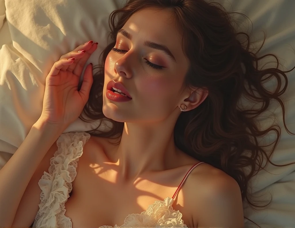 Big breasts, Blushing, blue eyes, Lips slightly open, Close eyes, tongue, 1 girl, Exposed