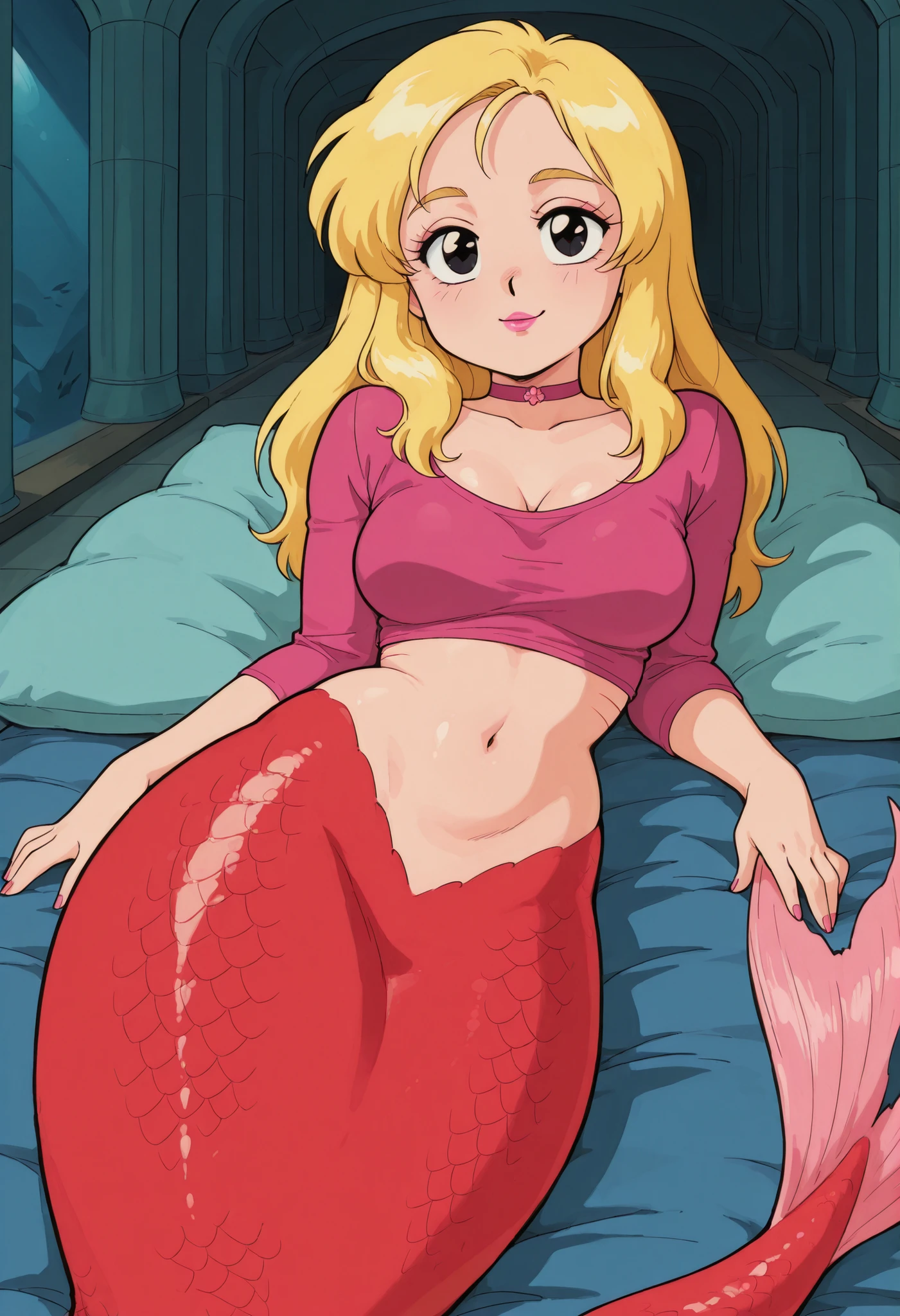 Francine Smith, looking at viewer, pink lipstick, choker, Blonde hair, medium breasts, huge hips. long hair. black eyes. | masterpiece, best quality, newest, absurdres, highres, detailed eyes, beautiful, detailed background, perfect eyes, anime coloring, retro artstyle, 1990s \(style\), shiny skin, shirt, laying on stomach, (mermaid:1.4), red tai, gills, spaceship, interior,