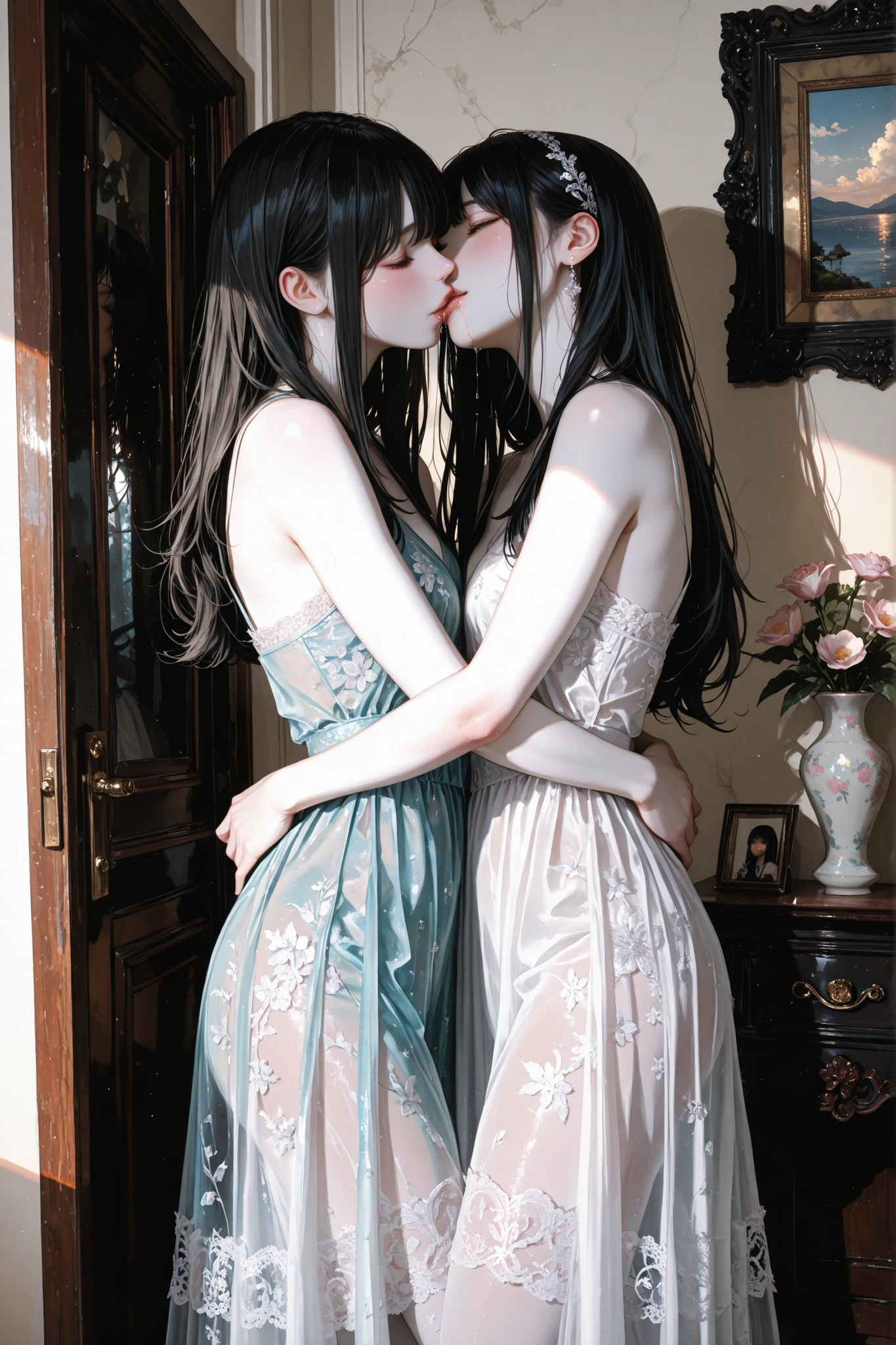 best quality,Ultra-detailed,8K,RAW photo,photo-realistic,A masterpiece of watercolor-art, a full-length view of two girls embracing each other. One girl has a very beautiful face and long black hair. The other girl has a lovely face and short black hair. They are kissing. in the stylish bedroom, drooling, white skin, blushing, Long translucent dress with fine lace decoration, aesthetic atmosphere. Fantastic spotlight.