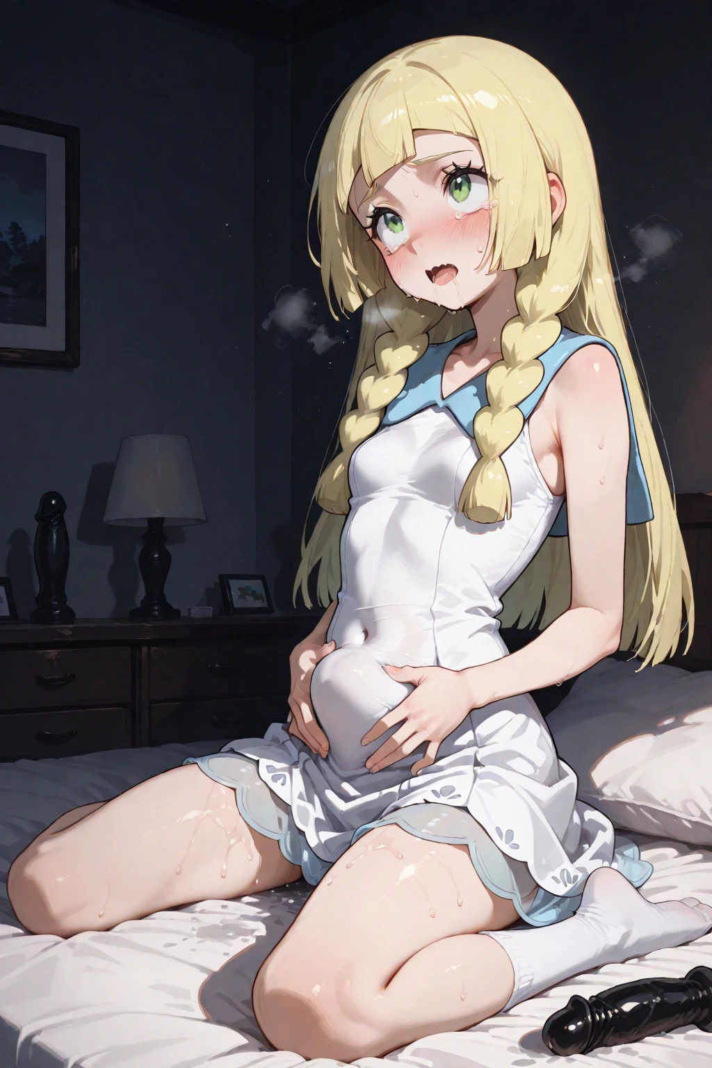 (masterpiece:1.3), (Absurd:1.3), (highest quality:1.3), The Hands of Guido Daniele, (Very detailed:1.3),(Best Shadow:0.7), (Processed Hair), One girl, alone, S1, aizawa ema, huge Breasts, thick thighs, pregnant, Blonde, Asymmetrical bangs, Blunt bangs, blue eyes, very oversized only simple white wet T-shirt, no bra, black thighhighs, cute face, panic face, in the bed room, on the bed, co-sleeping, open legs,