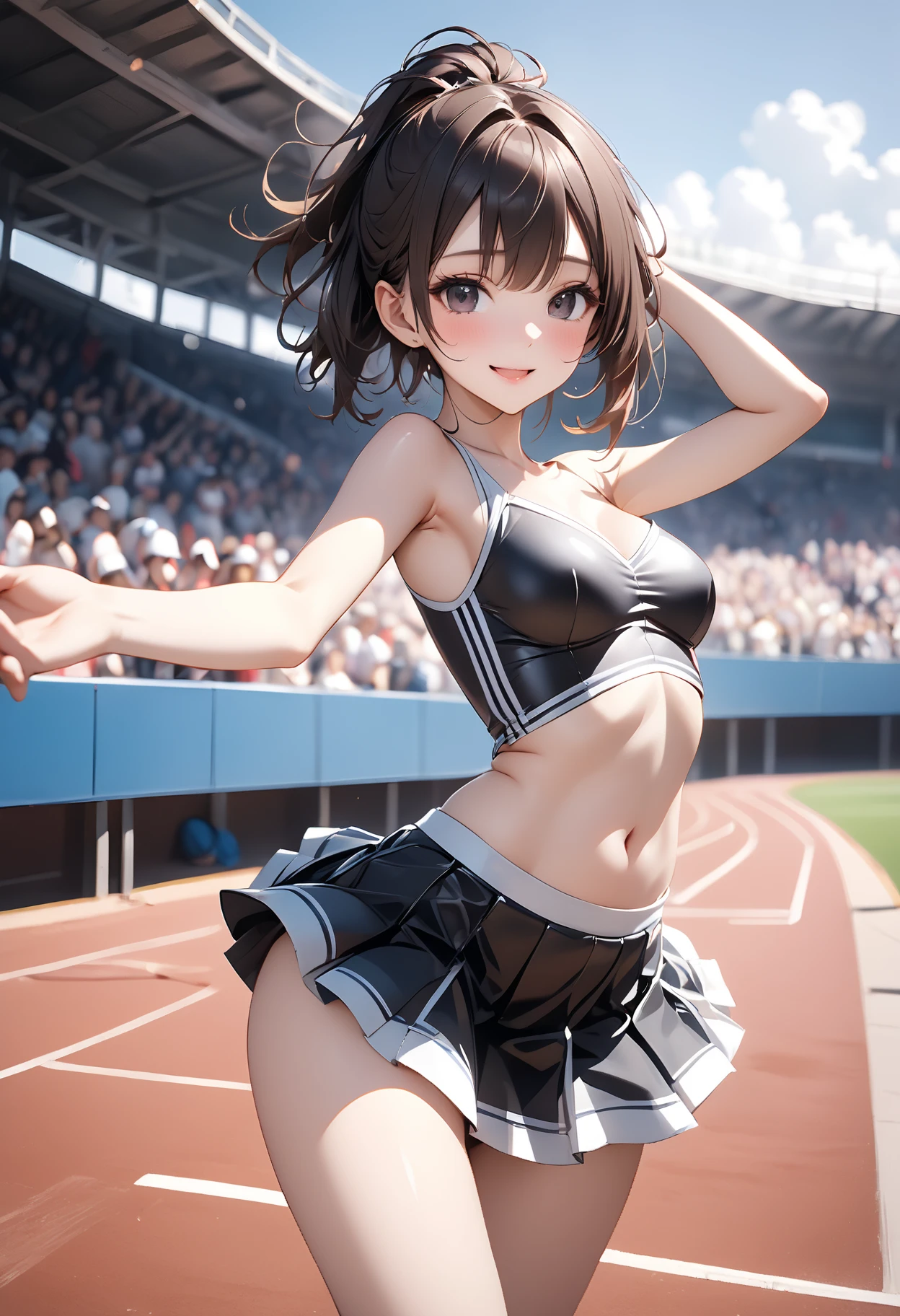 (topless), nsfw, masterpiece, 1 girl, erect nipples, nipples, navel, necklace, denim shorts, smiling, bare breasts, bare stomach, sweaty, cowboy shot, small breasts, puffy nipples, hair ribbon, texts, bare arms, hands on waist, elbows, happy, outdoors, audiences, crowd, stadium, track field, light brown hair