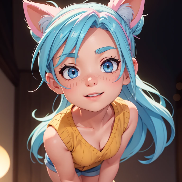 a short humanoid girl with pale human skin, bright turquoise-colored eyes, long pink hair in a braid, large fluffy pink dog ears, big fluffy pink dog tail, average breasts, wearing baggy oversized white t-shirt, holding up a peace sign, poking out tongue, (best quality,4k,8k,highres,masterpiece:1.2),ultra-detailed,(realistic,photorealistic,photo-realistic:1.37),detailed eyes,detailed lips,extremely detailed eyes and face,long eyelashes,portrait,highly detailed,vibrant colors,soft lighting,cute,adorable,kawaii,studio lighting,digital painting