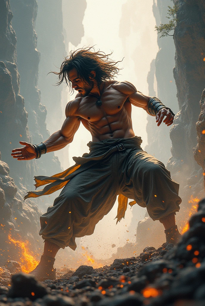 A man of 1,75, black hair, Brazilian and indigenous, good physical build and holding Nunchakos