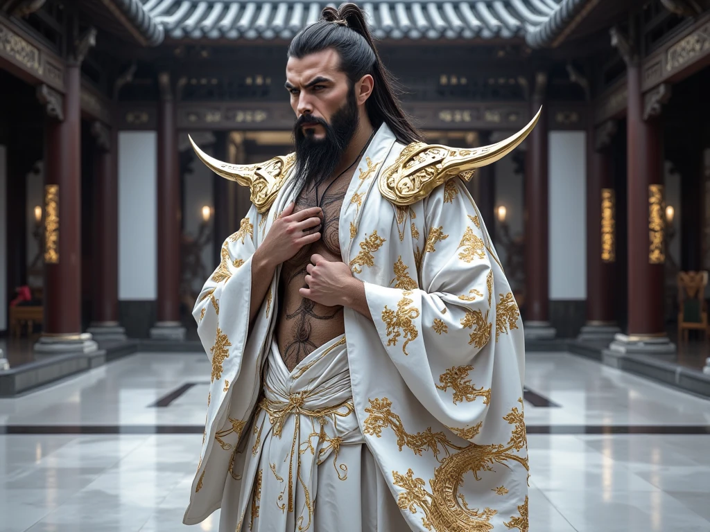 huge sexy masculine inflated tall man Asian, without a beard, with long flowing straight hair in full height with open eyes, Looking Forward, - god of the moon, Apollo's body, silver jewelry, naked torso to the waist, in a floor-length silver skirt, semicircular patterns on clothes, depicting the moon, Covered with a black cape, in black clothes, semicircular symbols on clothes
In the temple with Arabic architecture
DARK FANTASY STYLE