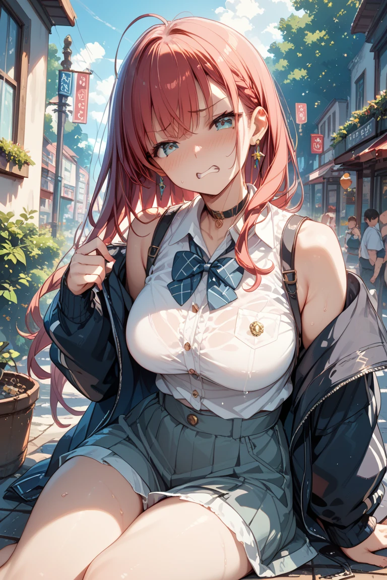 masterpiece、The best、1 female、denim vest、Denim shorts、Red shirt， Bun bun、pink hair、Shoulder leakage、big breasts、chubby、Smile、White suspenders、lace leggingackpack，On campus，pose，Street culture，Squat down，Hands on chest，Hands on the chest，Squat down