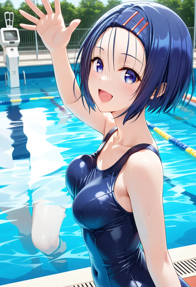 (masterpiece, best quality, detailed), 1girl, solo, looking at viewer, shima rin,hair bun, sidelocks, bangs,
competition swimsuit, one-piece swimsuit, covered navel, highleg, wet, pool, poolside, pool ladder, water, <lora:breasts_squeezed_together_v0.2:1> (breasts squeezed together, v arms), smile, closed mouth, blush