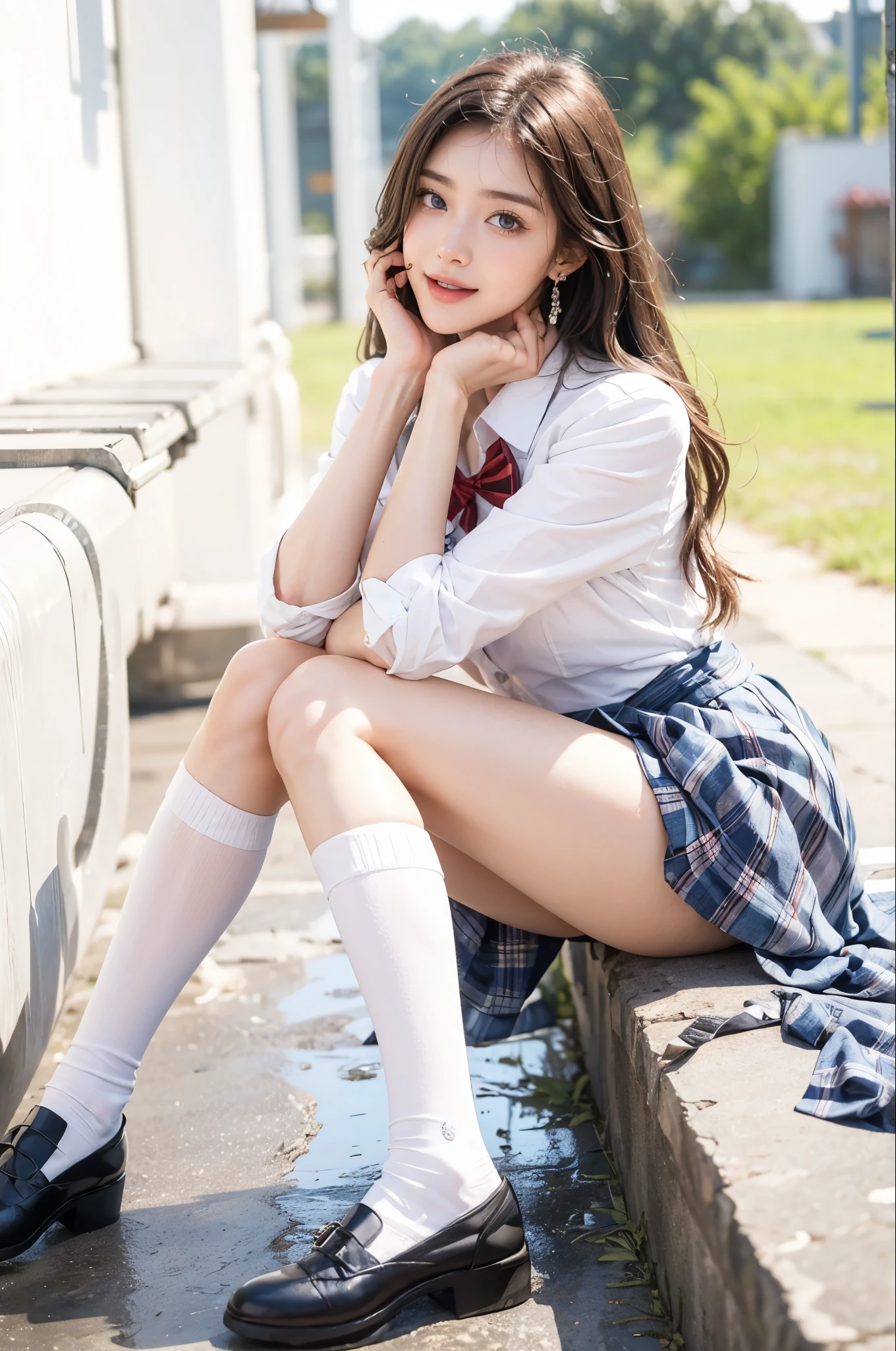1 schoolgirl, high heels shoes, (the pubic area is visible), ((dripping menstrual blood)), cabelo cinza, seios grandes, pernas abertas,