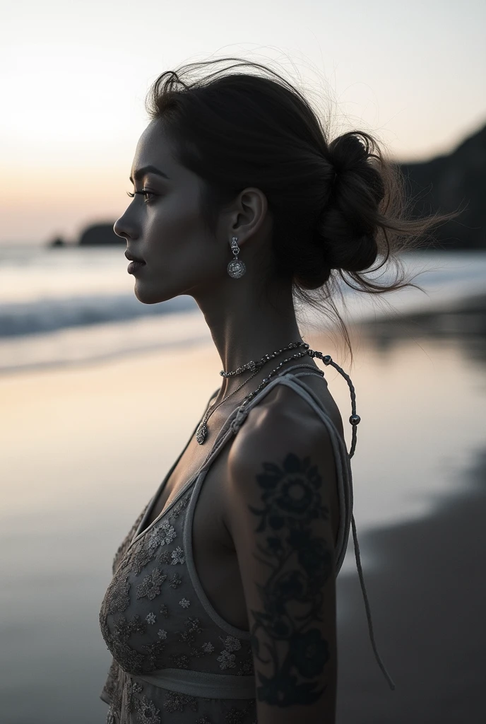 Blonde Frau mit Tattoo am Meer 