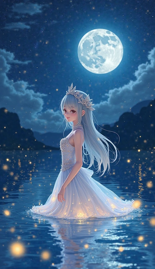 art by Cornflower,(masterpiece:1.2),(4k),high quality,(perfect anatomy),((arms behind side)),(1 girl),(goddess of the moon),Artemis,silver long hair,beautiful detailed blue eyes,a shy smile,look at viewer,(bioluminescent dress),Undeservedly beautiful,dreamy romantic,fantastic and dreamy theme,mysterious atmosphere,enchanting dream,fantastical scenes,Add a dramatic and symbolic element to your scene,(silver moon),(silver moon light)