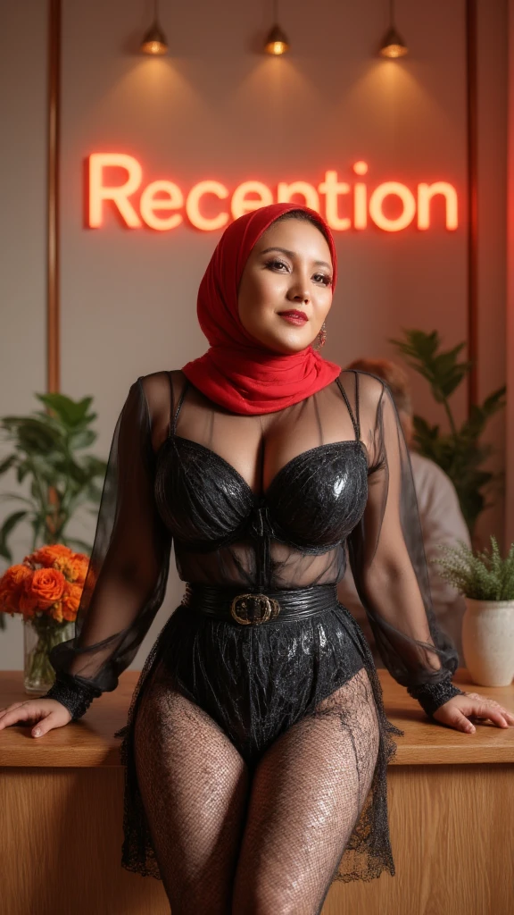 Hijabi full body shot of sexy glasses smiling (abbie_cornish:0.6) indonesian daughter wearing carnival suit,open shirt,face incredibly detailed, lips, realistic, solo,medium breasts,skin tight , facial, masterpiece,best quality, Intricate, High Detail, dramatic,