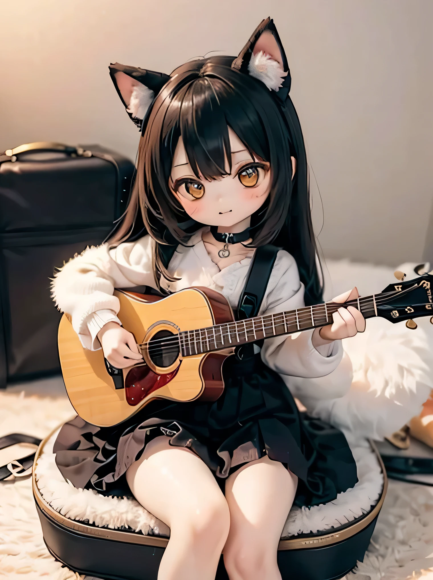 The girl sits on the bed，Wear a blue sweater and black stockings, Attractive cat girl, beautiful young catgirl, very beautiful cute catgirl, Anime girl cosplay, female furry mini cute style, Inside the hotel，Hotel room， Anime girl in real life，anime catgirl，holding guitars，guitar，grey miniskirt