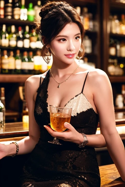 (((masterpiece、High resolution、high quality、Ultra-High resolution、delicate、16K、)))1 female、Age 25、Brown Hair、Long Hair、Clear Eyes、Dark lips、blue dress 1.3、slim、thin、Off the shoulder、Cleavage、Beautiful feet、Titty fuck((bar、Whiskey and cocktails lined up on shelves、Dimly lit room))🍸