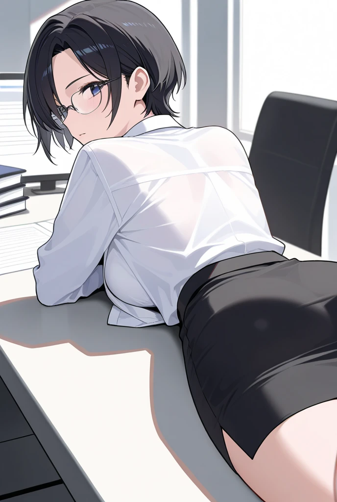 best quality, masterpiece, yaoi, 2boys, handsome young man with medium curtain bangs wearing glasses and black business suit, surprised expression, he lies face down on a table, another older man pushes his head down while fingering his wet anus, torn pants, big round ass, in dimly lit luxurious office, at night, cinematic lighting, dramatic shadows